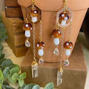 Gold and Brown Mushroom Dangle Earrings